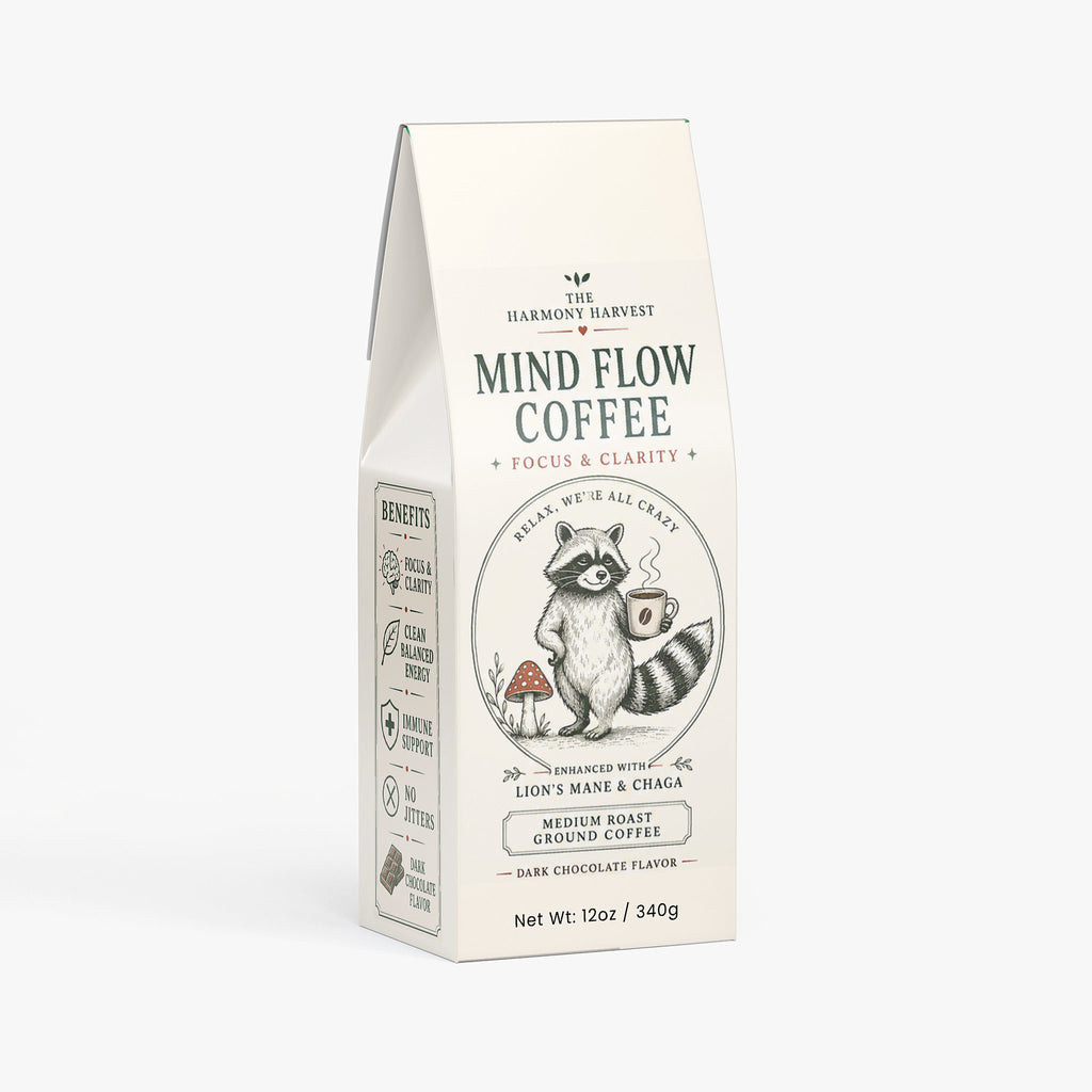Mind Flow Mushroom Coffee - Medium Roast Arabica Beans with Organic Lion's Mane & Chaga, Low Acidity Adaptogen Coffee for Focus & Energy, Made in USA - 12 oz