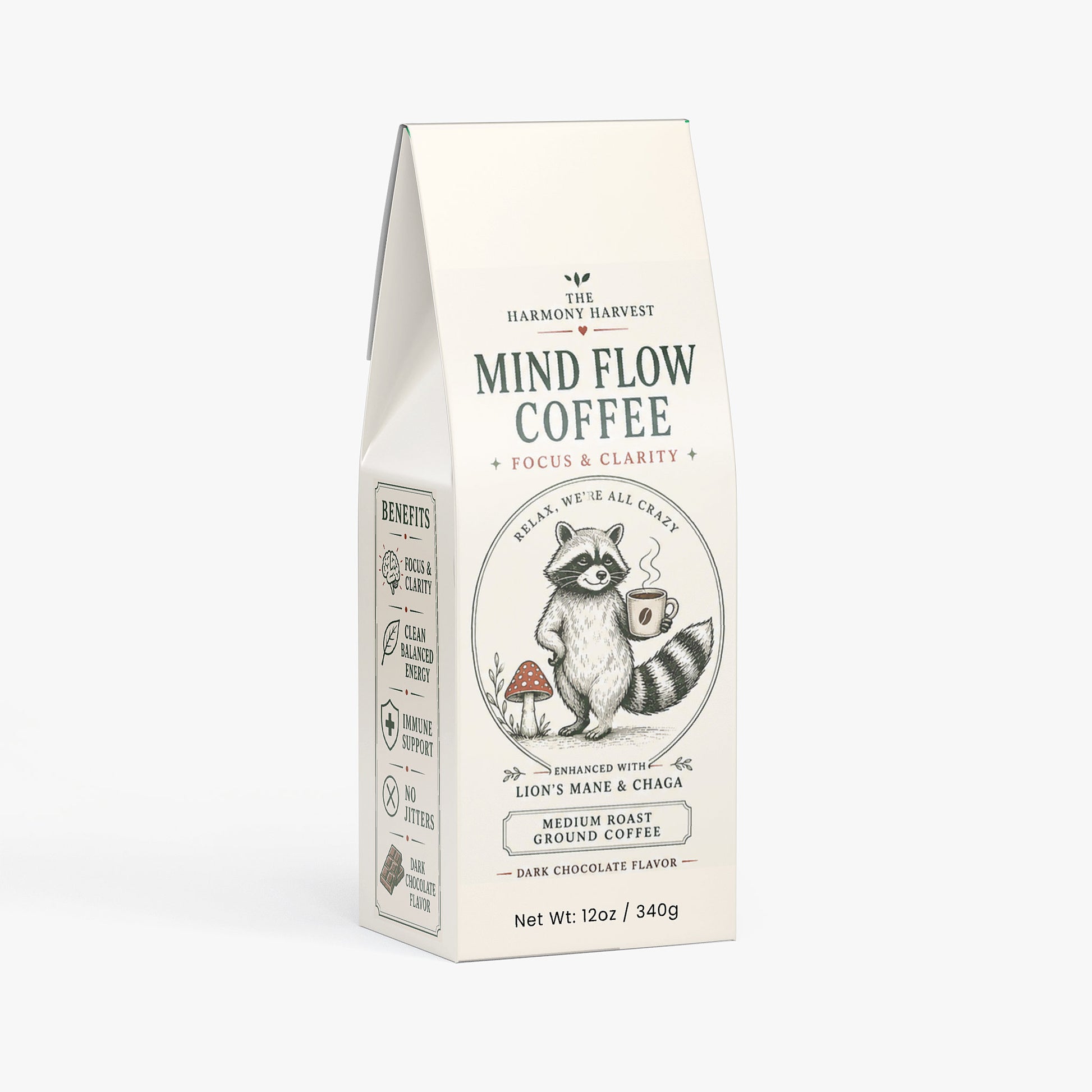 Mind Flow Mushroom Coffee - Medium Roast Arabica Beans with Organic Lion's Mane & Chaga, Low Acidity Adaptogen Coffee for Focus & Energy, Made in USA - 12 oz