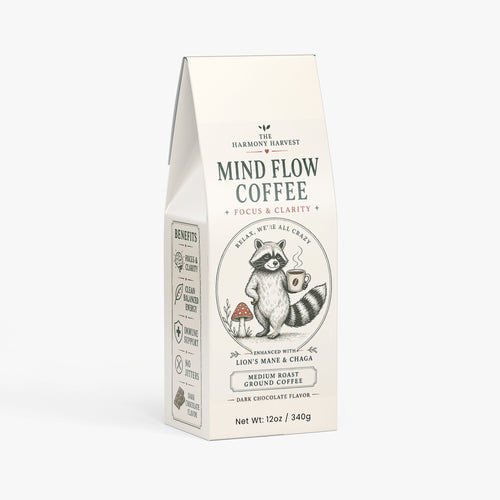 Mind Flow Mushroom Coffee - Medium Roast Arabica Beans with Organic Lion's Mane & Chaga, Low Acidity Adaptogen Coffee for Focus & Energy, Made in USA - 12 oz