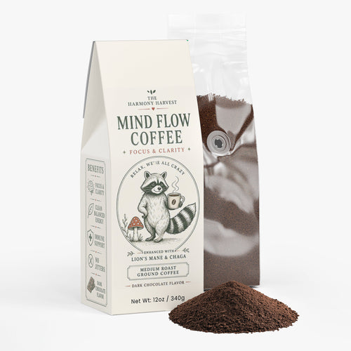 Mind Flow Mushroom Coffee - Medium Roast Arabica Beans with Organic Lion's Mane & Chaga, Low Acidity Adaptogen Coffee for Focus & Energy, Made in USA - 12 oz