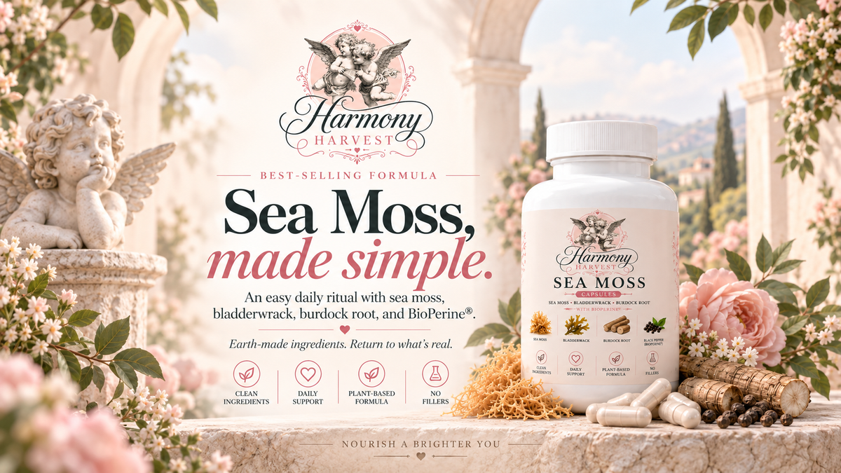 Harmony Harvest Sea Moss capsules with sea moss, bladderwrack, burdock root and BioPerine in a botanical wellness setting